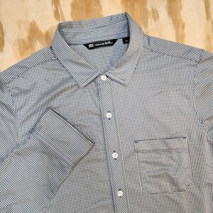 Travis Mathew Shirt Mens Large Blue Micro Plaid Long Sleeve‎ Button Up Stretch